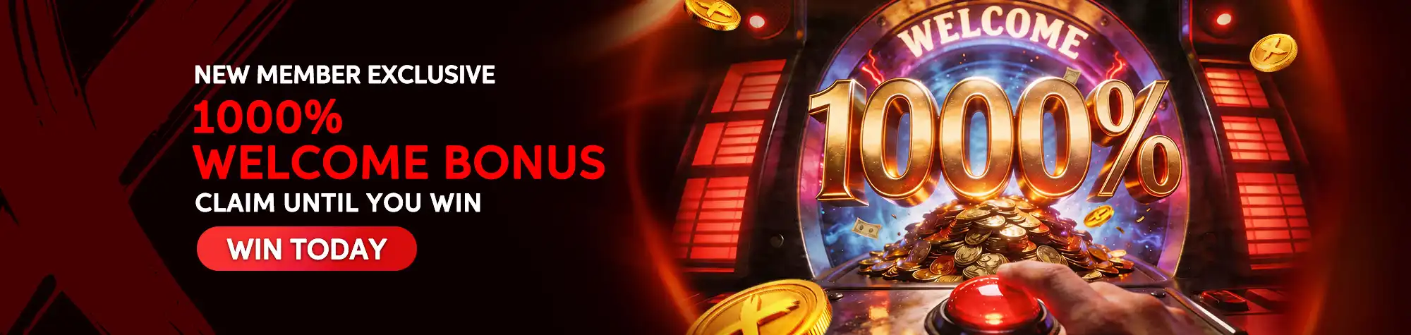 Maxwin new member promotion banner featuring a glowing 1000% Welcome Bonus slot machine with gold coins and a hand pressing a jackpot button, highlighting an exclusive welcome offer for new members.