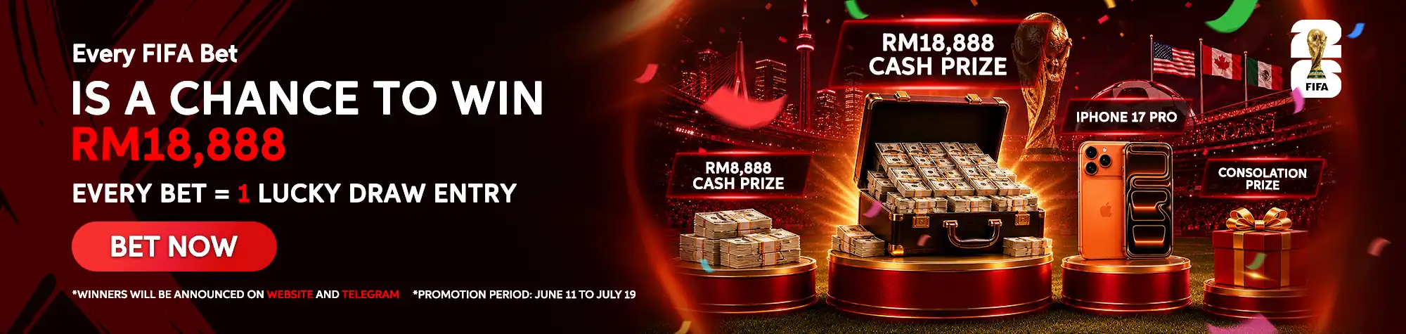Maxwin FIFA promotion banner featuring a stadium backdrop with the FIFA World Cup Trophy, a cash-filled briefcase, RM18,888 and RM8,888 cash prizes, an iPhone 17 Pro, and a consolation prize. Every FIFA bet earns one lucky draw entry.