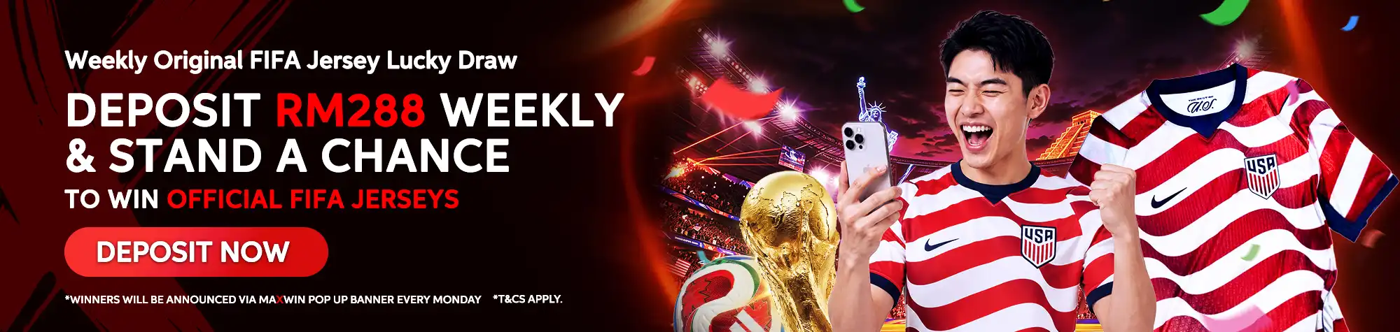 Maxwin FIFA promotion banner featuring a fan in a USA football jersey celebrating while holding a smartphone beside the FIFA World Cup Trophy and an official USA jersey. The banner promotes a weekly RM288 deposit lucky draw to win official FIFA jerseys.