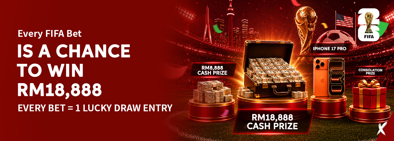 Maxwin FIFA promotion banner featuring the FIFA World Cup Trophy, a stadium backdrop, RM18,888 and RM8,888 cash prizes, an iPhone 17 Pro, and a consolation gift. Every qualifying FIFA bet earns one lucky draw entry.