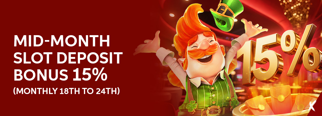 Maxwin promotional banner featuring a cheerful leprechaun mascot celebrating beside a large 15% symbol and gold envelopes, advertising a 15% Mid-Month Slot Deposit Bonus available monthly from the 18th to the 24th.
