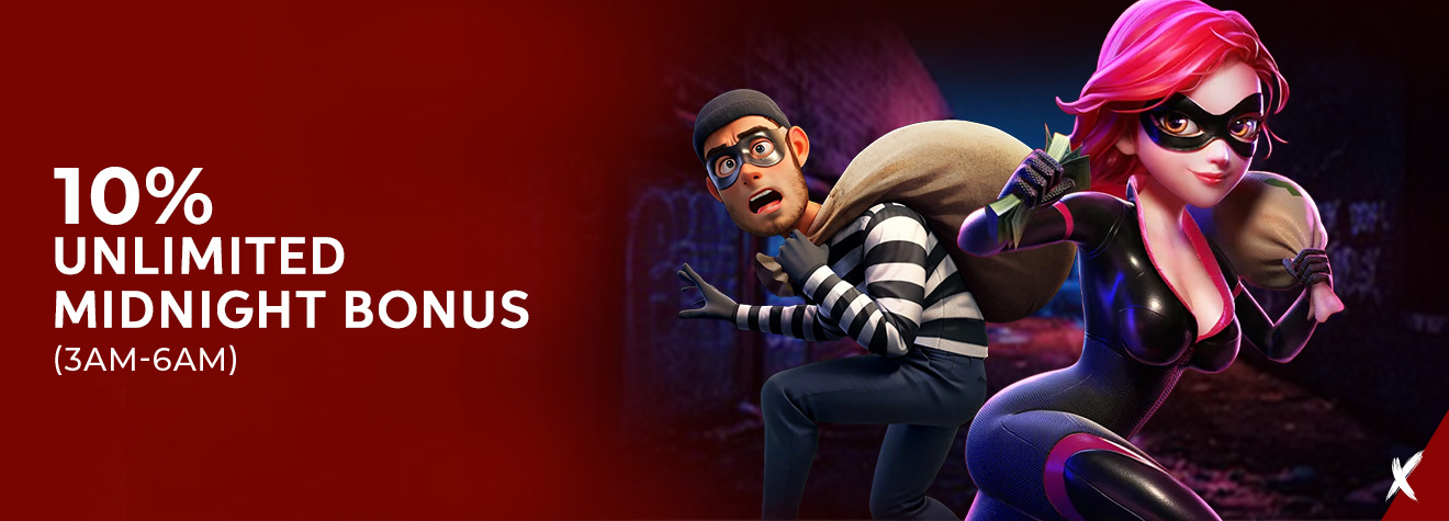 Maxwin promotional banner featuring two cartoon thief characters carrying money bags, promoting a 10% Unlimited Midnight Bonus available daily from 3:00 AM to 6:00 AM against a nighttime city backdrop.