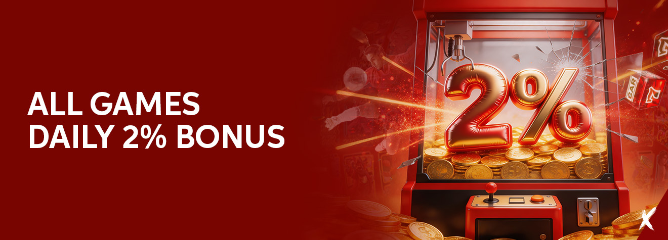 Maxwin promotional banner featuring an arcade claw machine filled with gold coins and a glowing 2% symbol, promoting an All Games Daily 2% Bonus against a vibrant red casino-themed background.