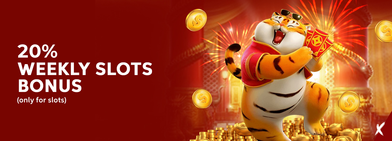 Maxwin promotional banner featuring a cheerful tiger mascot holding a lucky red envelope while surrounded by gold coins and fireworks, promoting a 20% Weekly Slots Bonus exclusively for slot games.