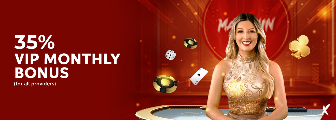 Maxwin promotional banner featuring a smiling live casino dealer in a gold dress surrounded by casino chips, dice, and playing cards, promoting a 35% VIP Monthly Bonus available across all game providers.