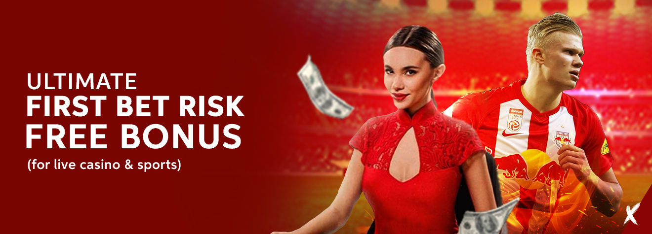 Maxwin promotional banner featuring a live casino hostess in a red dress alongside a professional football player, promoting the Ultimate First Bet Risk Free Bonus for live casino and sports betting.