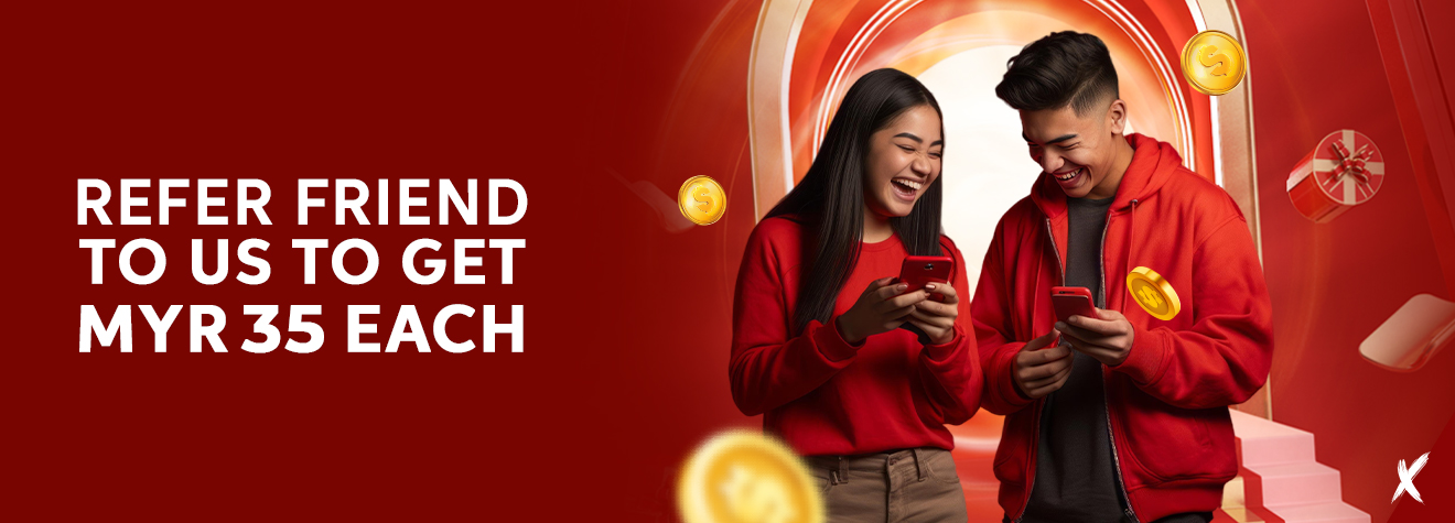 Maxwin referral promotion banner featuring two friends smiling while using their smartphones, surrounded by floating gold coins and gift boxes, promoting a Refer a Friend campaign where both users receive MYR35.