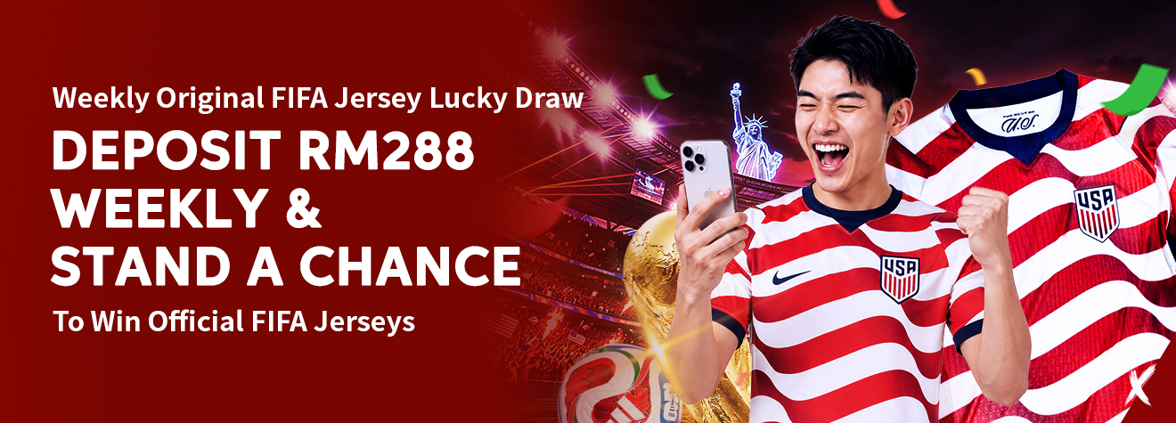 Maxwin FIFA promotion banner featuring an excited football fan wearing a USA national team jersey while holding a smartphone beside the FIFA World Cup Trophy and an official USA jersey. The banner promotes a weekly RM288 deposit lucky draw to win official FIFA jerseys.