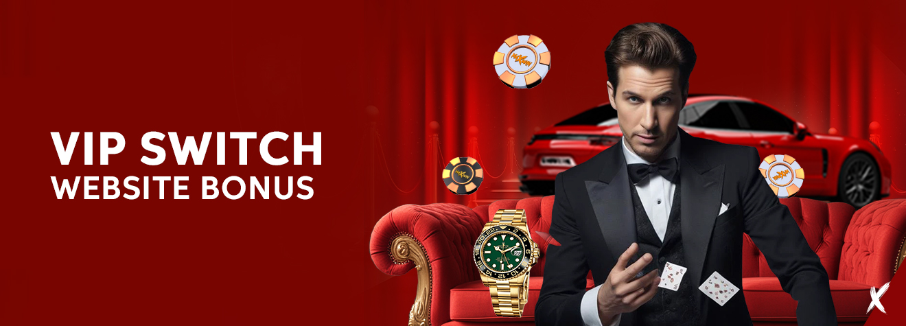 Maxwin VIP Switch Website Bonus promotional banner featuring a man in a tuxedo performing card tricks with a luxury sports car, a gold watch, casino chips, and premium rewards against a red VIP-themed background.