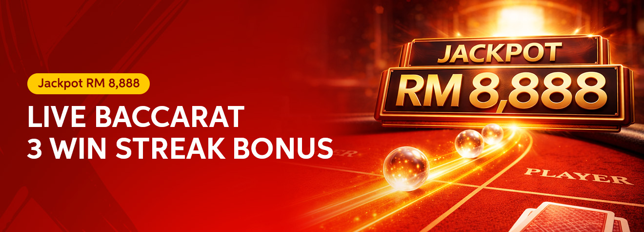 Maxwin Live Baccarat promotion banner featuring a glowing RM8,888 Jackpot sign above a baccarat table with three illuminated game balls, promoting a 3 Win Streak Bonus for live baccarat players.