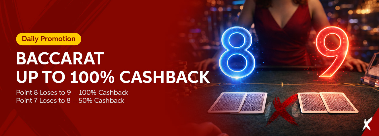 Maxwin daily baccarat promotion banner featuring glowing blue number 8 and red number 9 above a baccarat table, advertising up to 100% cashback when Point 8 loses to Point 9, with additional cashback for Point 7 losing to Point 8.