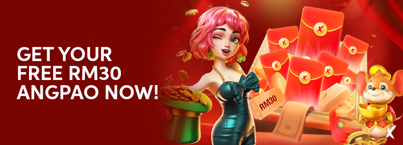 Maxwin promotional banner featuring a cheerful pink-haired mascot holding a pot of gold coins, surrounded by red angpao packets, an RM30 voucher, and a festive mouse character, promoting a Free RM30 Angpao for new members.