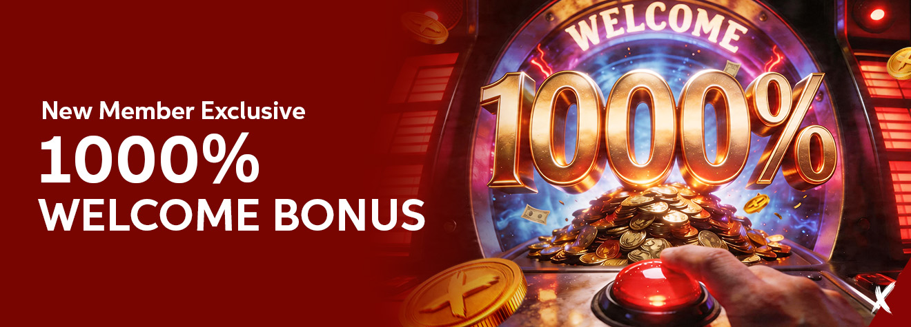 Maxwin new member promotion banner featuring a glowing 1000% Welcome Bonus arcade-style display with gold coins, a large red button, and a vibrant casino-themed background, highlighting an exclusive welcome reward for new members.