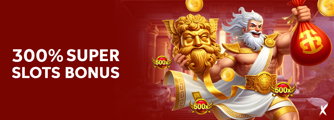 Maxwin slots promotion banner featuring a powerful Greek god holding a golden mask and a lucky money bag, promoting a 300% Super Slots Bonus with gold coins and mythological-themed visuals.