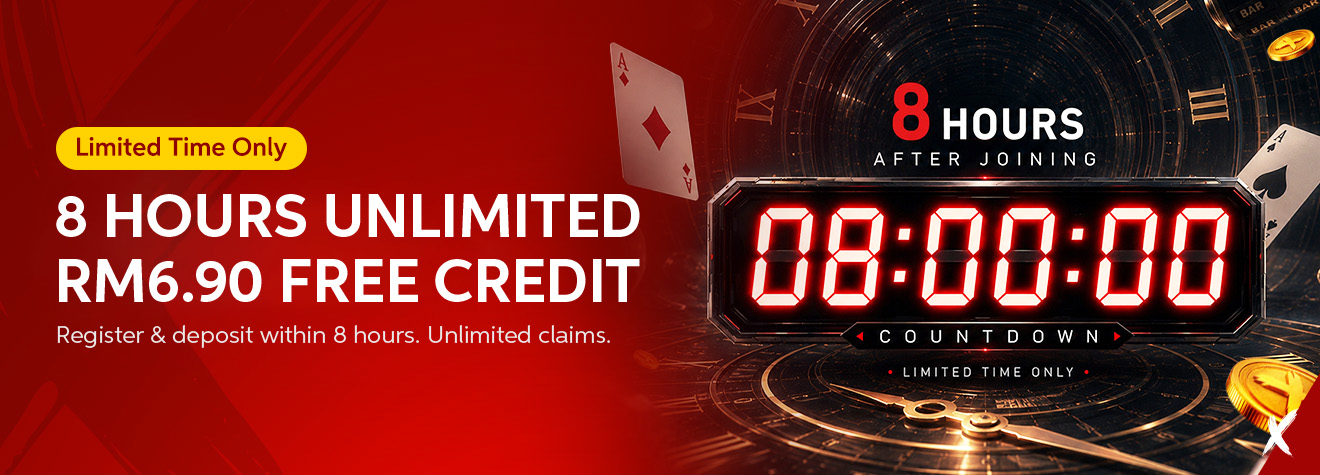 Maxwin 8 Hours Unlimited RM6.90 Free Credit promotion banner featuring a large digital countdown timer, casino-themed visuals, and a limited-time offer for new members who register and deposit within 8 hours.