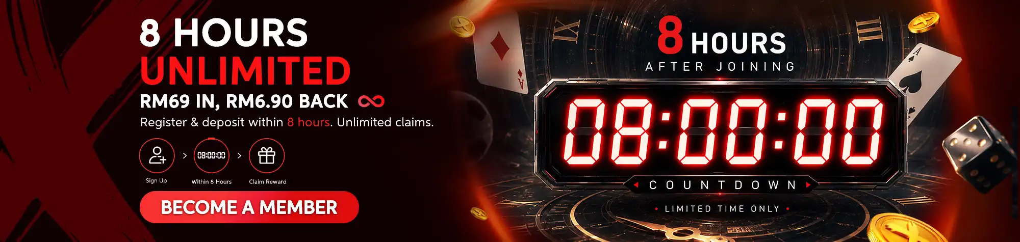 Maxwin 8 Hours Unlimited promotional banner featuring a digital countdown timer, casino-themed visuals, and an exclusive offer where members receive RM6.90 cashback after depositing RM69 within 8 hours of joining.