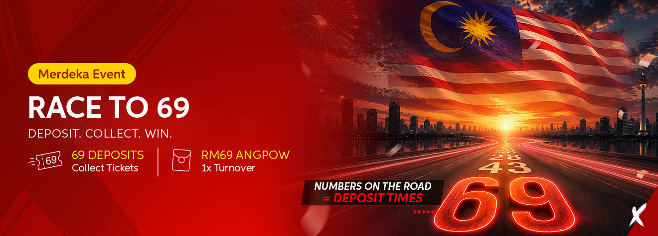 Maxwin Race to 69 Merdeka promotion banner featuring the Malaysian flag, Kuala Lumpur skyline, fireworks, and a glowing highway leading to 69, inviting members to complete qualifying deposits and earn an RM69 Angpow reward.