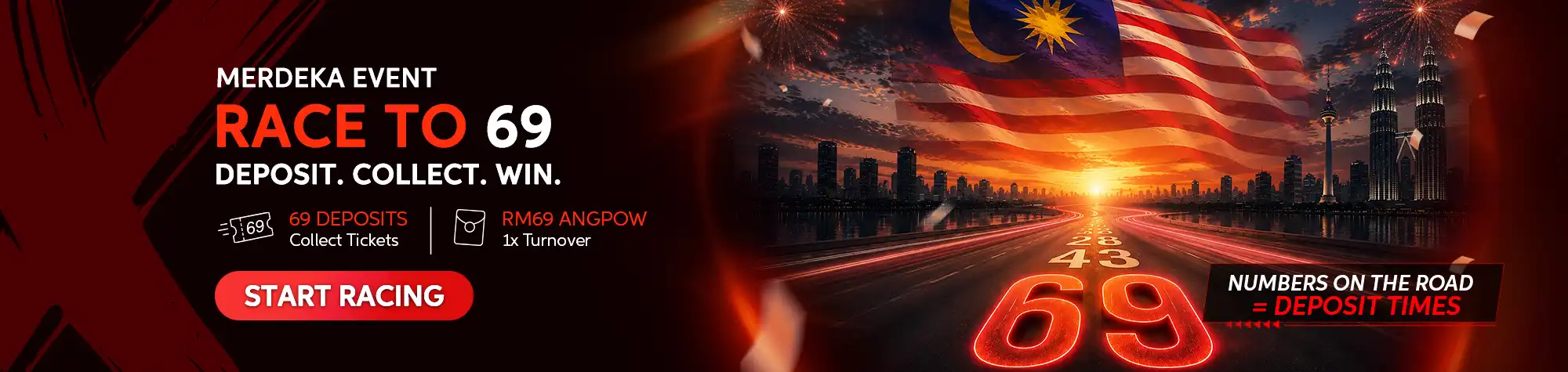Maxwin Race to 69 Merdeka promotion banner featuring the Malaysian flag, Kuala Lumpur skyline, and a glowing highway marked with 69, where members collect tickets through qualifying deposits to redeem an RM69 Angpow.